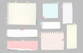 Colorful torn note paper pieces, notebook sheets for text stuck on grey background. Vector illustration.