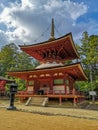 The colorful Toto Pagoda or Eastern Pagoda in the Unesco listed Danjon Garan Shingon buddhism temple complex in Koyasan, Wakayama