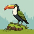 Colorful Toucan Illustration On Mossy Stump