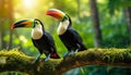 Colorful toucan birds sitting on branch in lush green forest with blurred defocused background Royalty Free Stock Photo