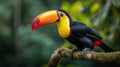 A colorful toucan perched on a lush branch in the heart of the Amazon rainforest