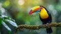 A colorful toucan perched on a lush branch in the heart of the Amazon rainforest