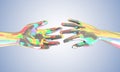 Colorful touching and helping hands in futuristic low poly style Royalty Free Stock Photo