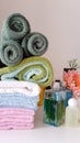 Colorful of towel stack on table with bath liquid soap Royalty Free Stock Photo