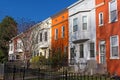 Colorful townhouses under spring sun before sunset, Washington DC, USA. Royalty Free Stock Photo