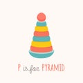 Colorful toy pyramid with clown head. ABC letter P poster. P is for pyramid. Toy Alphabet Card. Nursery alphabet poster