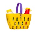 A colorful toy shopping basket filled with groceries. Isolated on white. Royalty Free Stock Photo