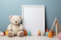 Colorful Toys And A Teddy Bear Accentuate A White Wooden Frames Blank Mockup