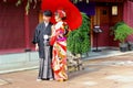 June 2018, Happy Japanese couple parasol traditional clothing, Kanazawa, Japan