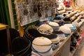 Colorful traditional jewish yarmulke piles for sale at the old city of Jerusalem, Israel. Traditional jewish headdress