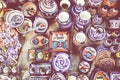 Colorful traditional Mexican pottery. Talavera style. Souvenirs on sale in local market of Puebla, Mexico Royalty Free Stock Photo