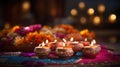 Colorful traditional oil lamps diya lit during diwali celebration. Hindu festival of lights celebration. AI generated Royalty Free Stock Photo