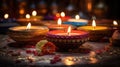 Colorful traditional oil lamps diya lit during diwali celebration. Hindu festival of lights celebration. AI generated Royalty Free Stock Photo