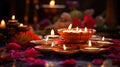 Colorful traditional oil lamps diya lit during diwali celebration. Hindu festival of lights celebration. AI generated Royalty Free Stock Photo