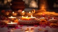 Colorful traditional oil lamps diya lit during diwali celebration. Hindu festival of lights celebration. AI generated Royalty Free Stock Photo