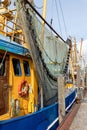 Colorful traditional old german fishing cutter boats moored Neuharlingersiel harbor Wadden sea East Frisia Northern Royalty Free Stock Photo