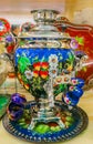 Colorful traditional Russian samovar teapot in a souvenir shop in Saint Petersburg Russia Royalty Free Stock Photo