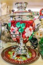 Colorful traditional Russian samovar teapot in a souvenir shop in Saint Petersburg Russia Royalty Free Stock Photo