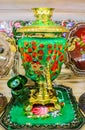 Colorful traditional Russian samovar teapot in a souvenir shop in Saint Petersburg Russia Royalty Free Stock Photo