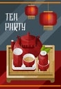 Colorful traditional tea ceremony template with red lamps kettle and pair on table