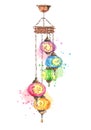 Colorful traditional turkish, asian lamp, watercolor illustration