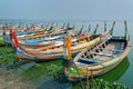 Colorful traditional wooden row boats in Amapura, near U Bein bridge, Mandalay Burma Myanmar