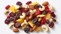Colorful trail mix scattered on white surface Royalty Free Stock Photo