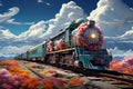 Colorful train glides through a hot, cloudy summer afternoon Royalty Free Stock Photo