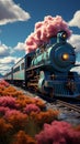 Colorful train glides through a hot, cloudy summer afternoon Royalty Free Stock Photo