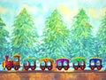 colorful train retro cartoon watercolor painting travel in christmas pine tree forest illustration design hand drawing