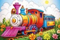 a colorful train is on the tracks in a field of flowers. generative ai Royalty Free Stock Photo