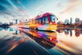 colorful train traveling through city at sunset with motion blur Royalty Free Stock Photo