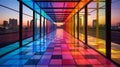 Colorful translucent walkways in modern cityscape