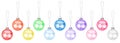 Colorful transparent glass balls hanging on thread set white background isolated closeup, ÃÂ¡hristmas tree decoration collection Royalty Free Stock Photo