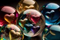 Colorful transparent glass balls with multicolored hearts inside them on a black background. Created with Generative AI Royalty Free Stock Photo