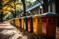 Colorful trash bins in a row in an urban park in autumn Royalty Free Stock Photo