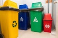 Colorful trash dustbin, Red, green, blue and yellow bin for Hazardous, Biodegradable, General and Recyclable waste. recycling Royalty Free Stock Photo