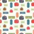 Colorful travel bags, suitcases, seamless pattern, luggage collection, travel illustration.