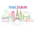 Colorful Travel Europe Hand Drawing with Famous Landmarks