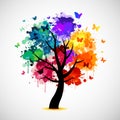 Colorful tree background with paint splat and butterflies Royalty Free Stock Photo