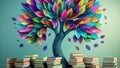 Colorful tree with falling leaves and piles of books Royalty Free Stock Photo