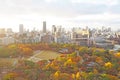 Colorful tree leaf and modern building around Osaka Castle, Japan, November, 2017