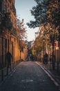 Colorful tree-lined street in Malasana, Madrid, Spain