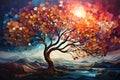 Colorful tree with vibrant leaves hanging branches. AI Generative