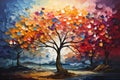 Colorful tree with vibrant leaves hanging branches. AI Generative