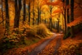 Colorful trees and footpath road in autumn landscape in deep forest. The autumn colors in the forest create a magnificent view.