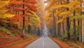 Colorful trees and footpath road in autumn landscape in deep forest.