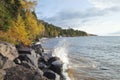 Colorful trees and pines on shore of Lake Superior during autumn Royalty Free Stock Photo