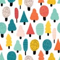 Colorful trees seamless vector pattern. Repeating abstract nature background various forest trees pink orange red blue Royalty Free Stock Photo