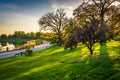 Colorful trees and view of Druid Lake in Druid Hill Park, Baltimore, Maryland.